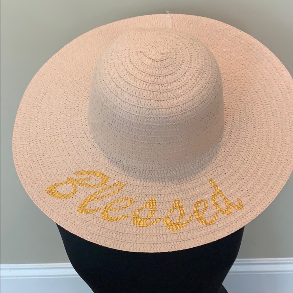 Sun Hat - Pink 'Blessed' Wide Brim Straw Hat
